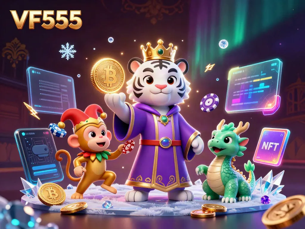 Experience thrilling gameplay with VF555, featuring a royal tiger and playful monkey amidst rich casino elements.