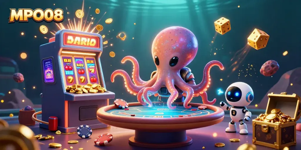 MPO08 features an alien octopus managing a poker table amidst dynamic casino elements and colorful visuals.