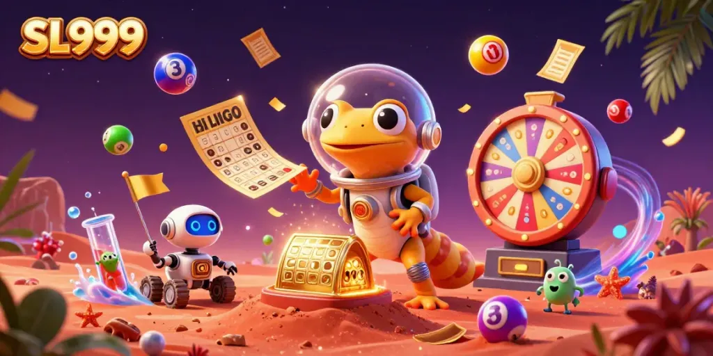Experience SL999's vibrant casino universe with a Martian gecko and lively gambling elements.