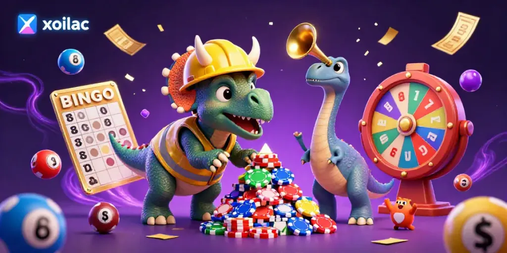Xoilac offers a vibrant online gambling experience with a triceratops celebrating while building poker chip pyramids.