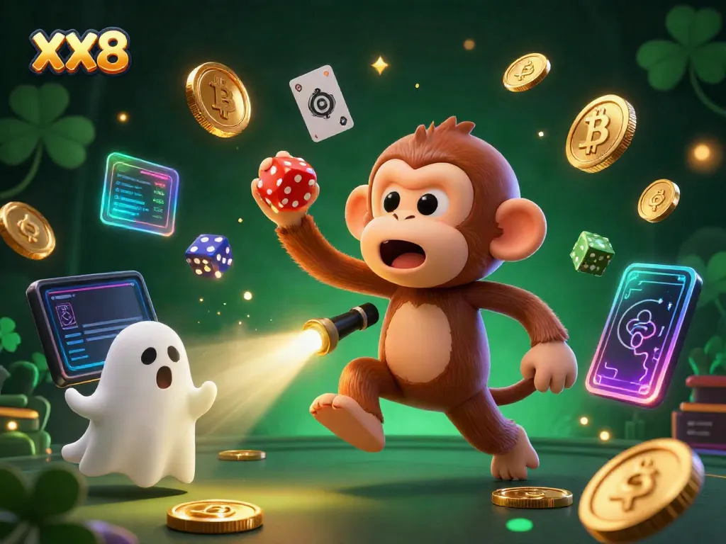 Engaging visual of a poltergeist monkey juggling coins in a haunted casino scene featuring XX8 elements.