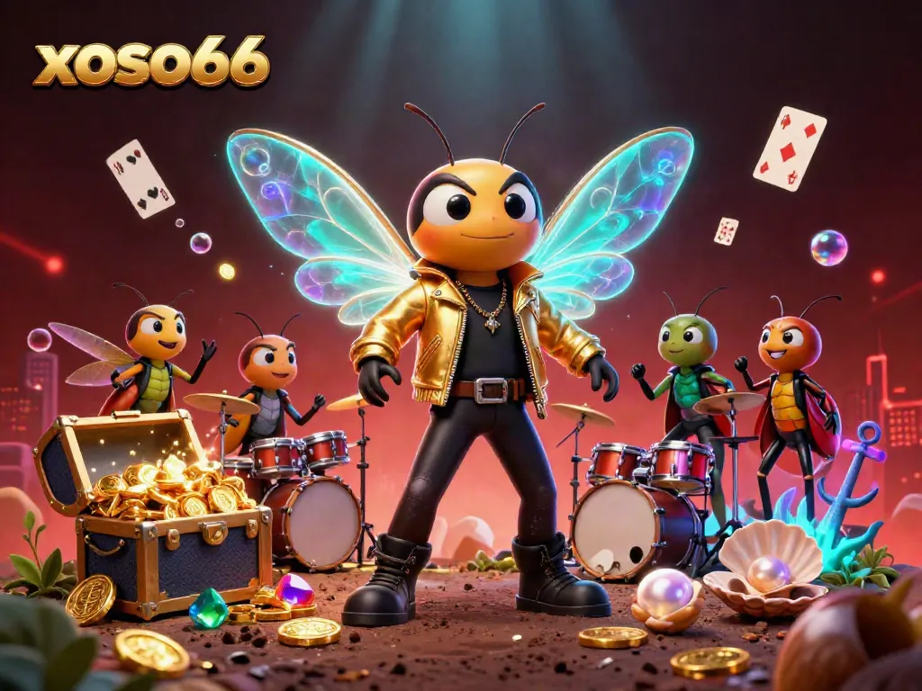 Experience the thrill at xoso66 with a vibrant 3D rendering of a rock star and their musical ensemble in a dynamic casino environment.