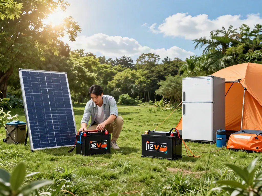 12V battery powering camping gear in a vibrant outdoor setup