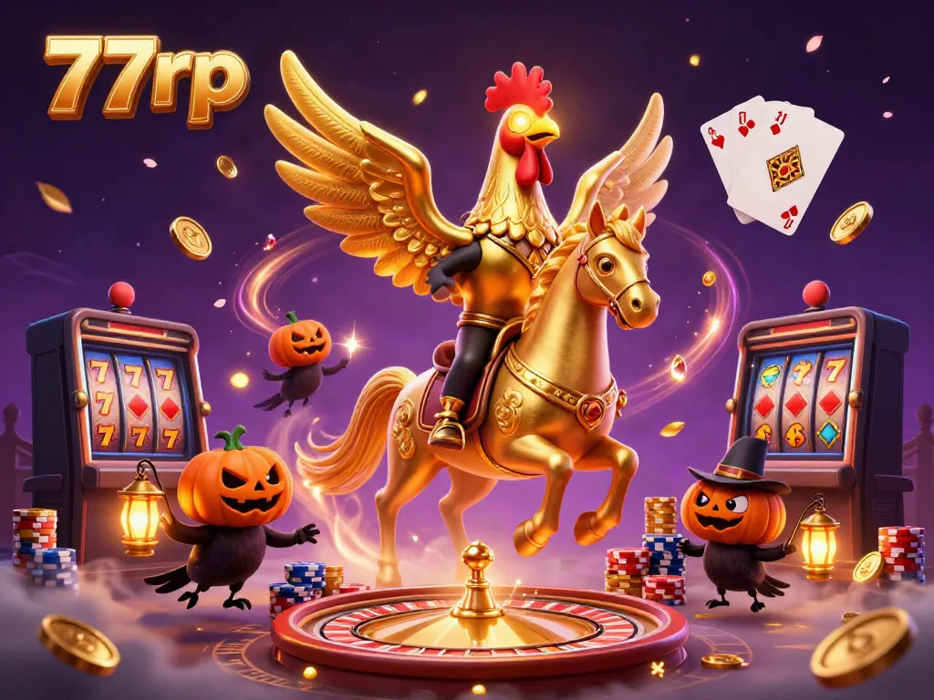 77rp showcases a vibrant casino scene featuring a golden rooster, spectral horse, and glowing gems.