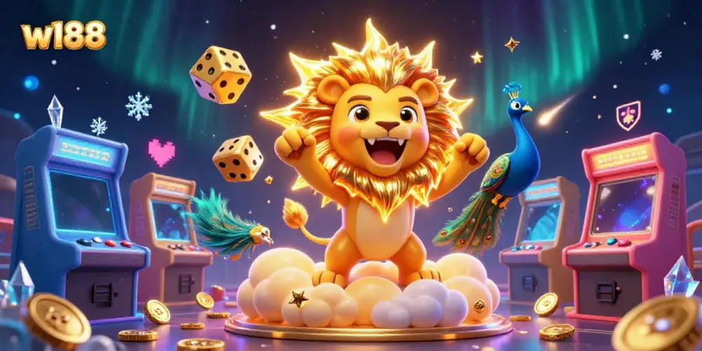 Engage in w188's thrilling gaming universe with a vibrant 3D casino scene featuring animated characters and colorful game elements.