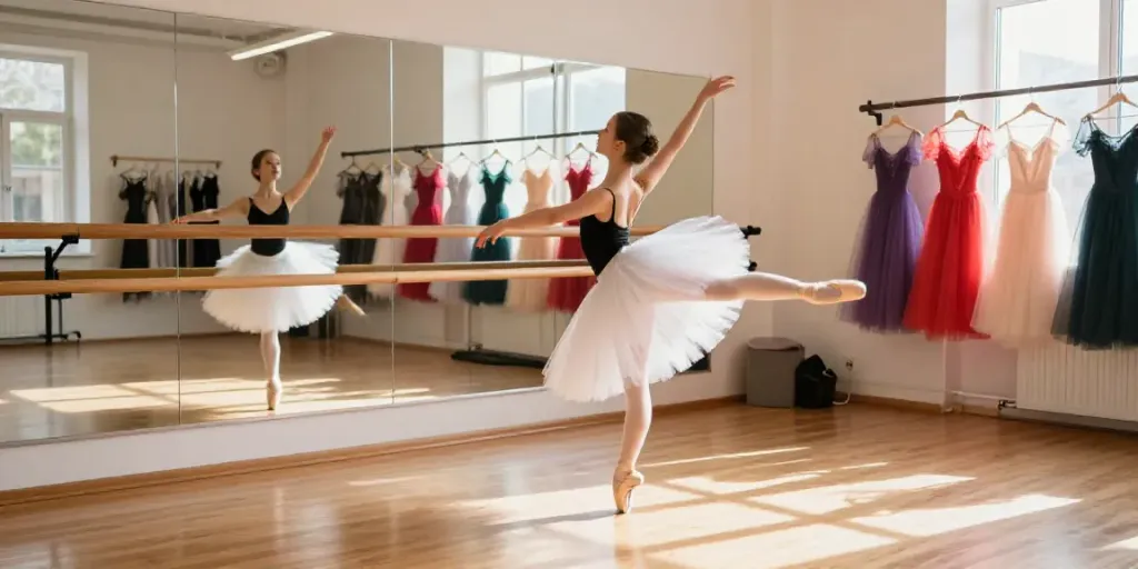 A graceful dancer practicing in a ballet studio, showcasing the tutu-store.com collection of tutus and costumes.