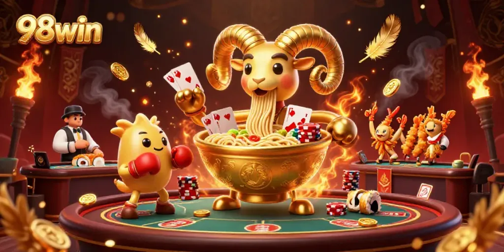 Experience the excitement of 98win at this vibrant live casino scene with dynamic characters and elements.