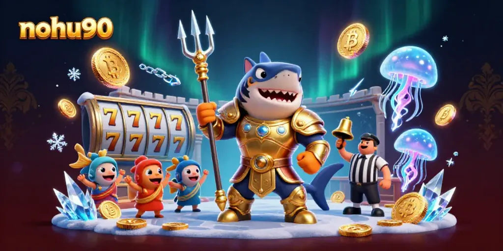 Experience exhilarating wins with nohu90 in a vibrant underwater casino scene featuring a tiger shark.