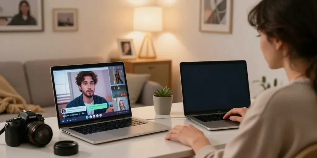 Engaging in an ai sex chat with an immersive virtual AI character in a cozy home office.