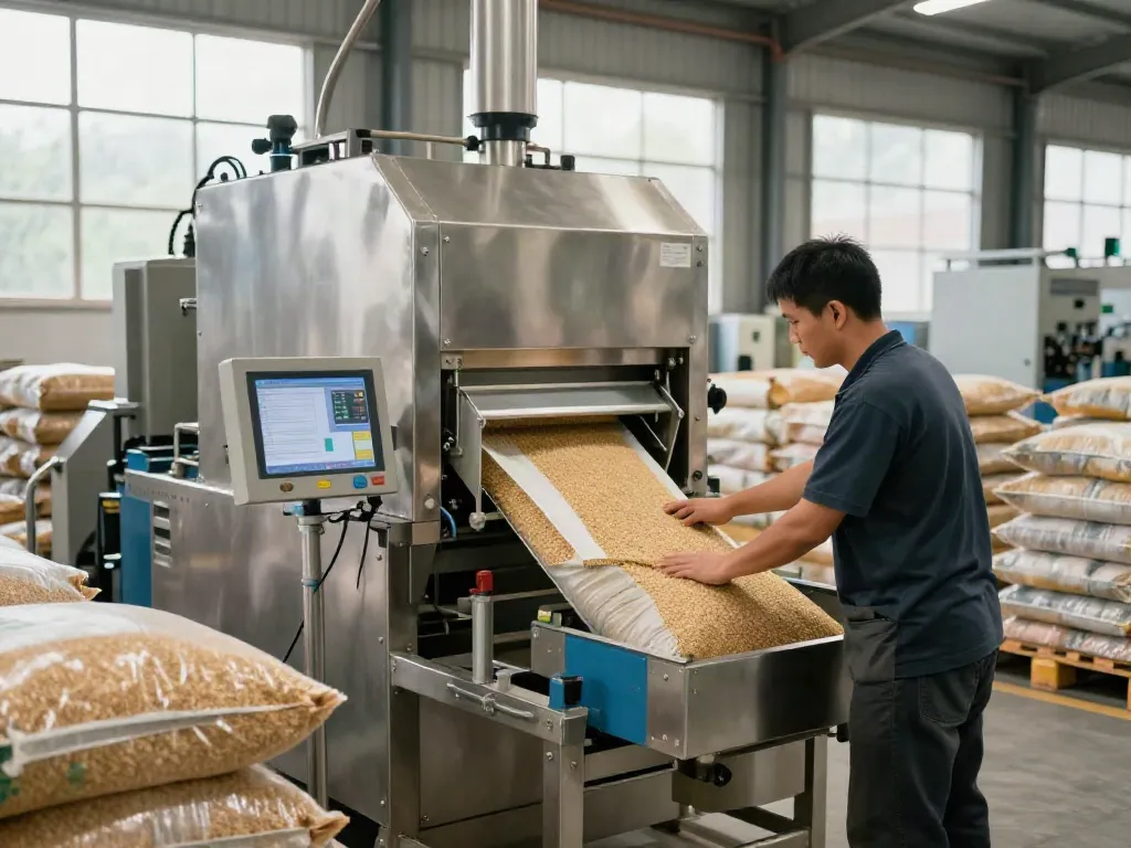 Open mouth bag filling machine efficiently packaging grains in a busy industrial warehouse