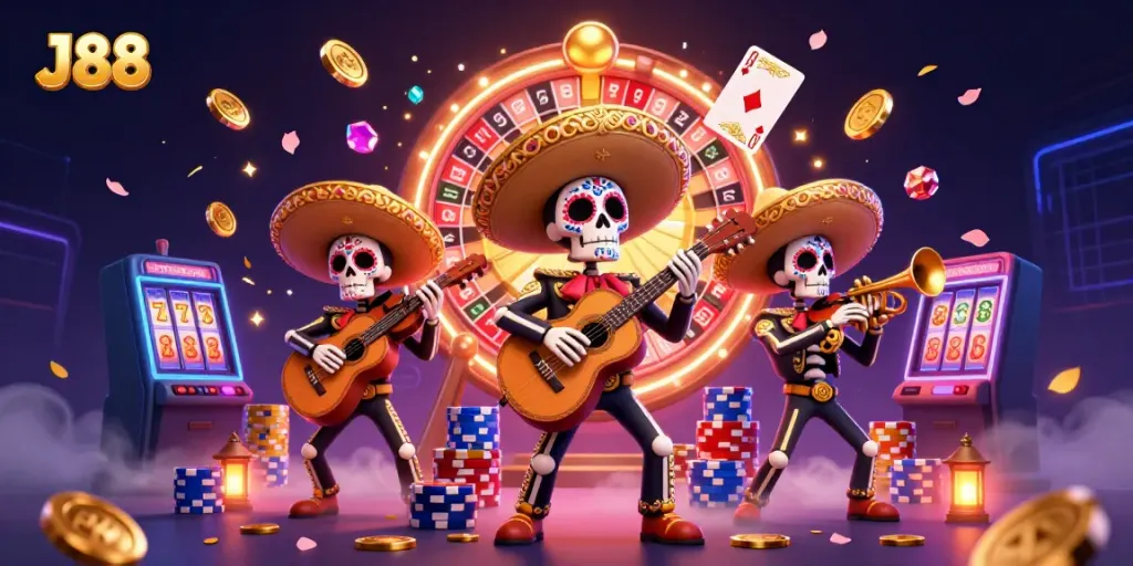 Experience vibrant J88 gameplay with a mariachi band surrounded by casino elements.