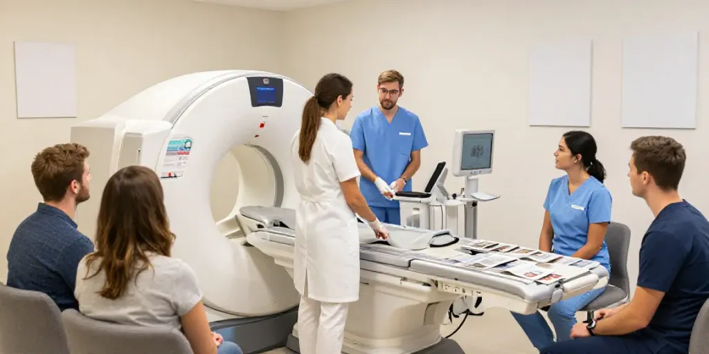 Diagnostikzentrum Wolfsburg mit freundlichem Personal, das Patienten über moderne Diagnosetechniken informiert.
