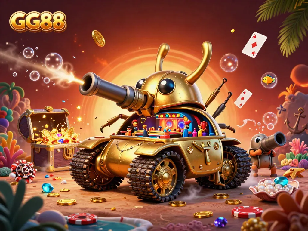 Experience the thrilling fun of GG88 with a vibrant 3D digital illustration showcasing an intricate casino scene.