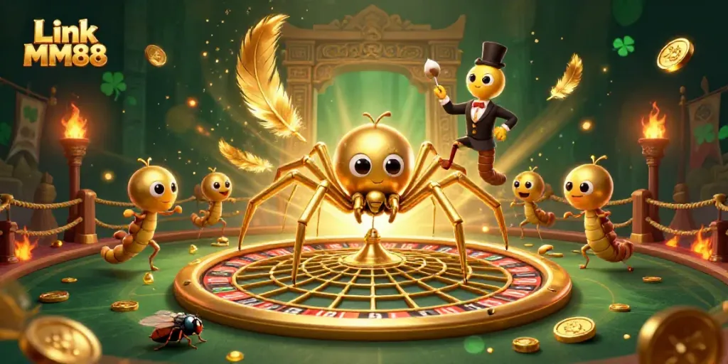 Experience the excitement of Link MM88 with a vibrant 3D illustration of spinning roulette and lively characters.