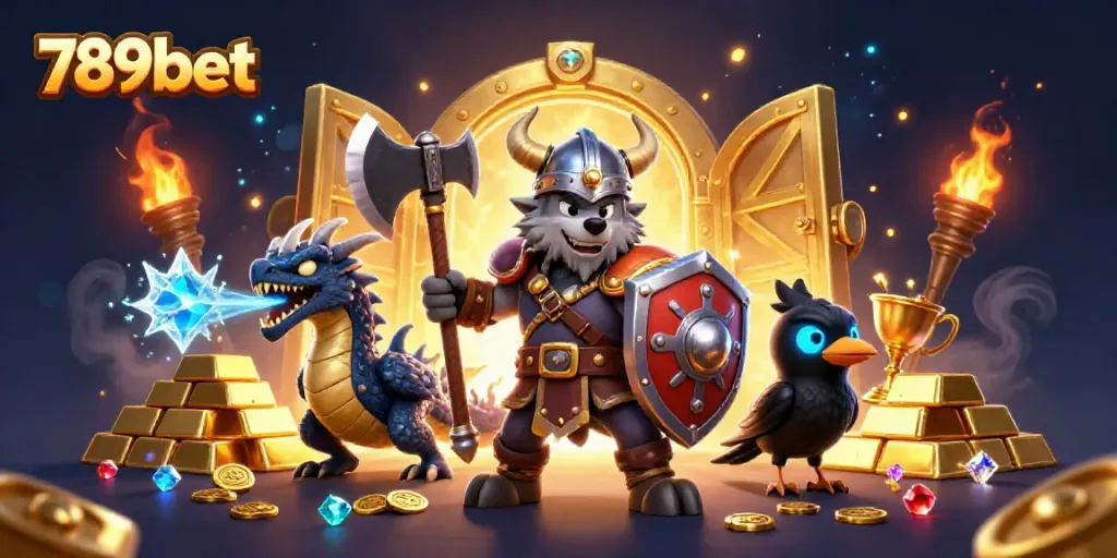 Experience elevated gameplay with 789bet in this vibrant illustration of a Viking warrior, dragon, and treasures.