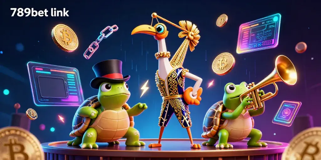 Engage with the exciting 789bet link experience in this vibrant and detailed casino illustration featuring unique characters and elements.