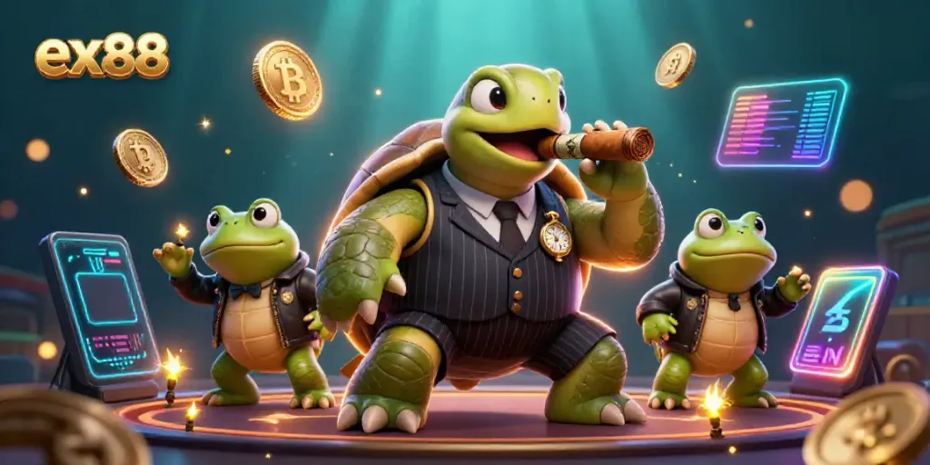 Experience the excitement of ex88 with a casino scene featuring a mobster turtle and bullfrog enforcers.