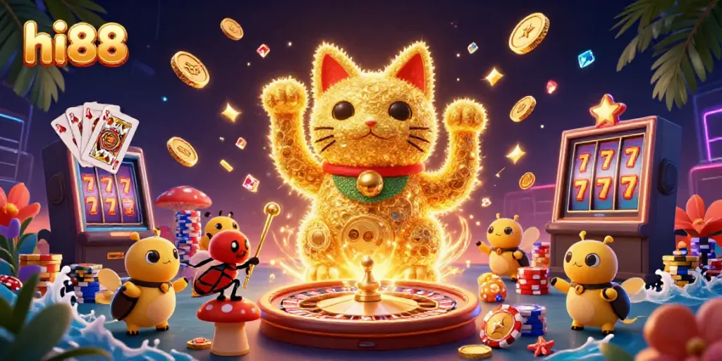 Experience excitement at hi88 with a vibrant digital scene showcasing casino games and a unique lucky cat.