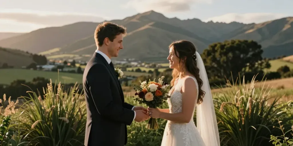 documentary wedding photographer in Dunedin capturing an intimate outdoor ceremony with golden hour light