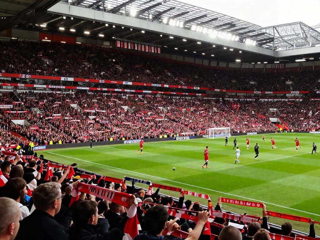 Intense football rivalry scene showing Manchester United vs Liverpool match with fans cheering, players in action, revealing the statistics สถิติแมนยู พบ ลิเวอร์พูล.
