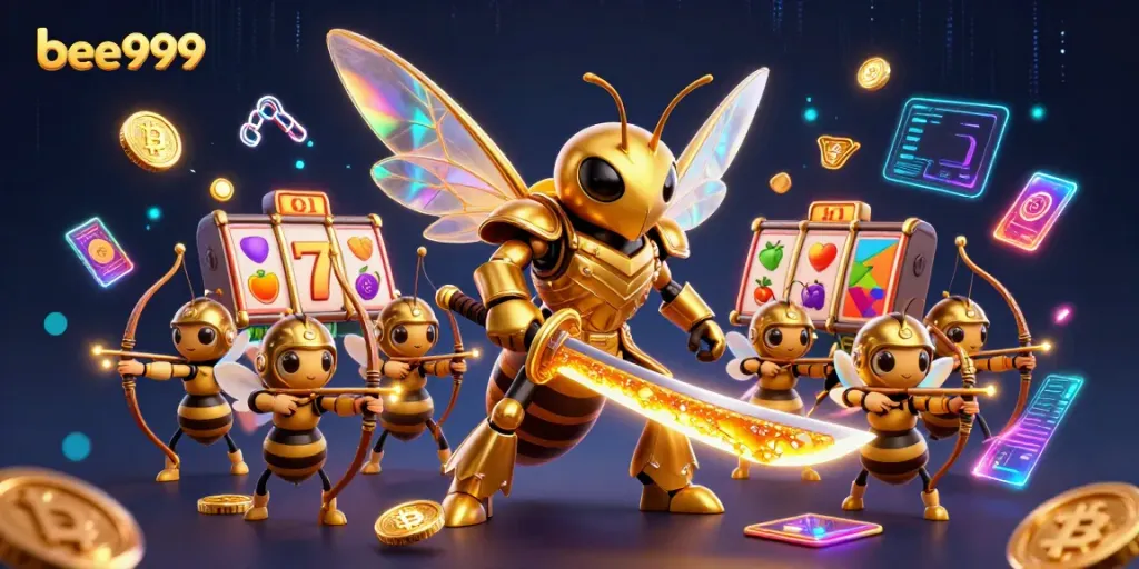 Bet on bee999 with a captivating 3D illustration showcasing a samurai hornet in a gaming scene.