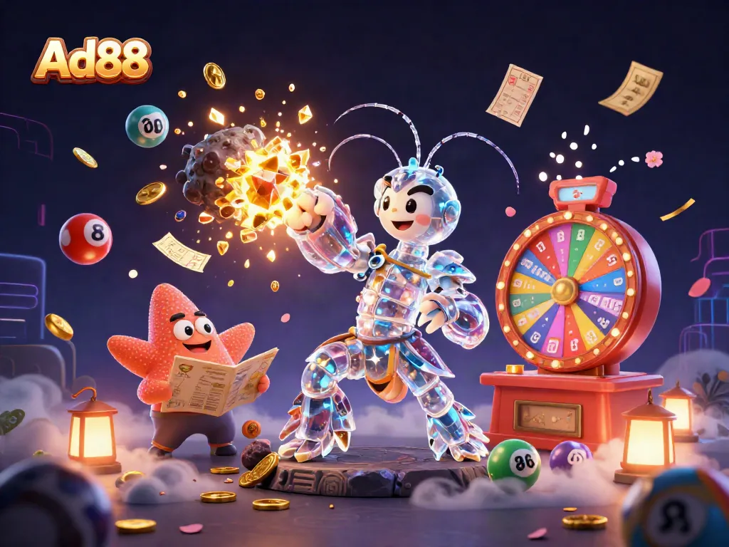 Engaging Ad88 gaming scene with dynamic lottery elements and colorful characters.