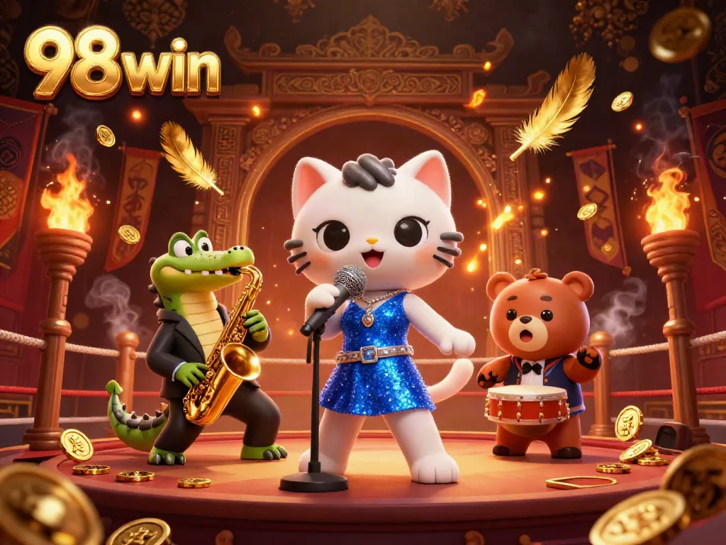 Join the excitement at 98 win with a jazzy atmosphere filled with golden elements and vibrant characters.