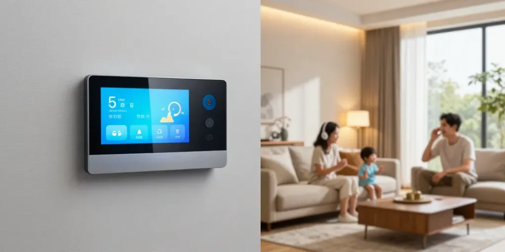 Smart home living room with modern audio system, showcasing جهان اسمارت and family enjoying smart technology.
