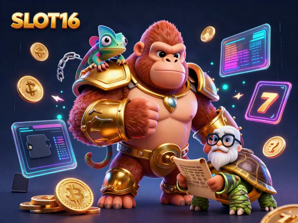 SLOT16 features a powerful cartoon gorilla and a chameleon surrounded by glowing gambling elements.