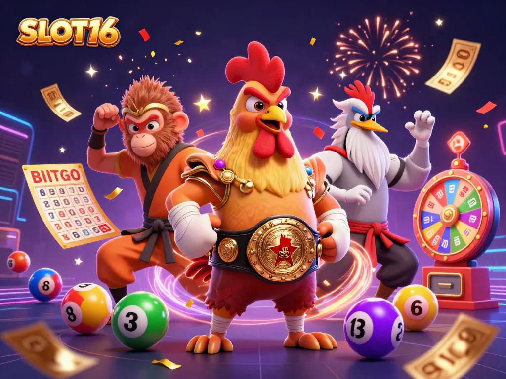Engage with SLOT16's vibrant 3D circus featuring a Muay Thai rooster, Shaolin monkey, and wise crane amidst lottery elements.