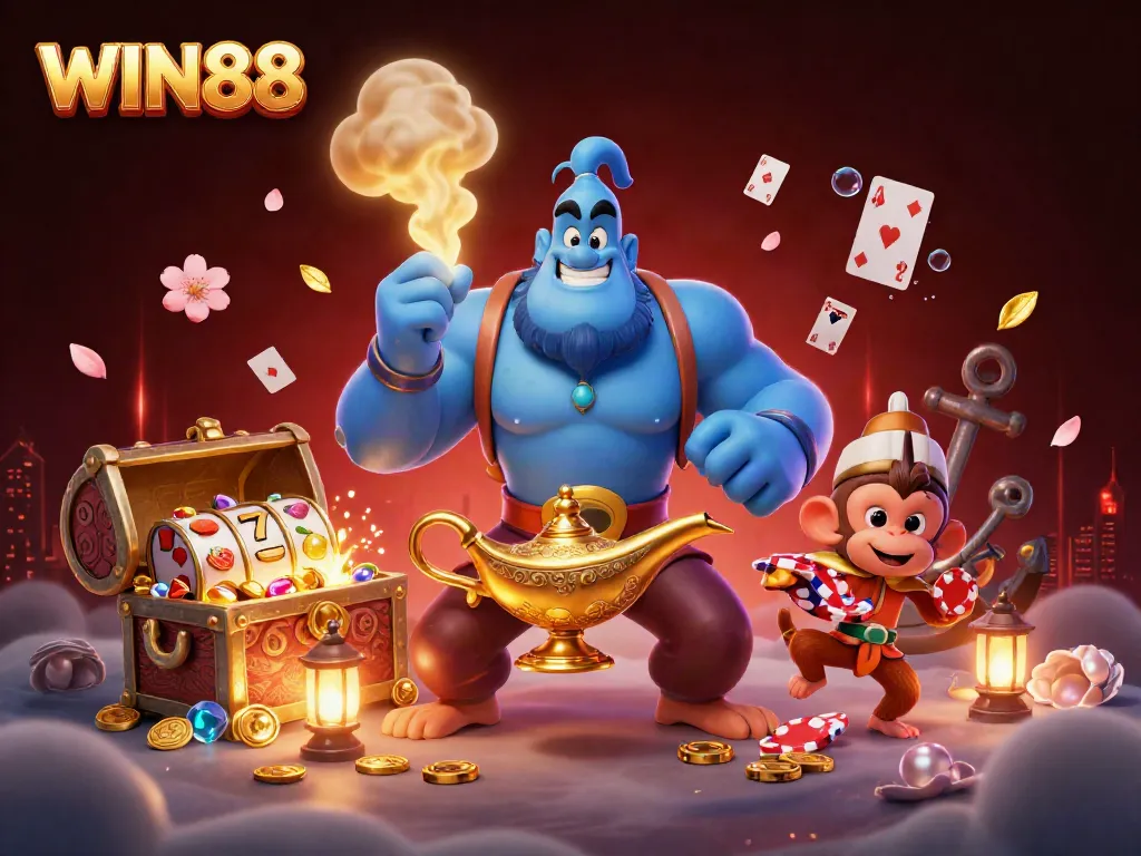 Engage with WIN88's online casino through vibrant 3D illustration featuring mystical elements.
