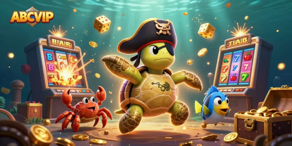 Experience the thrilling world of ABCVIP with a cartoon pirate turtle and treasure in a vibrant 3D casino scene