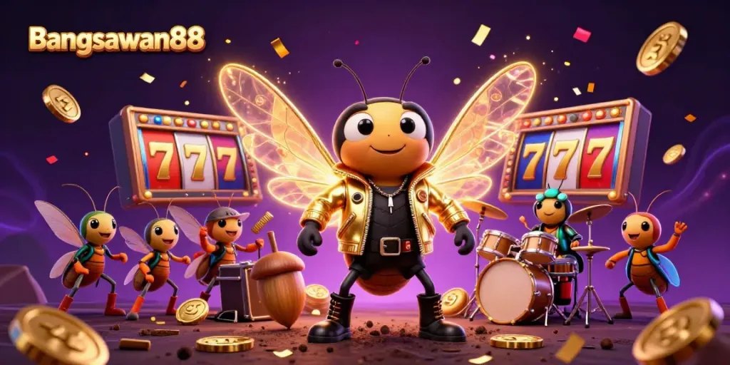 Bangsawan88 slots scene showcasing a cartoon cicada rock star with electric wings and vibrant game elements.