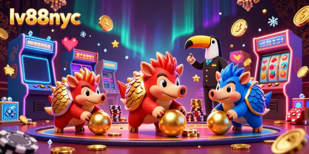 Experience thrilling adventures at lv88nyc, featuring pangolins bowling through poker chips amidst vibrant arcade elements.