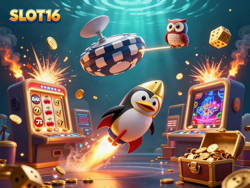 SLOT16 features a golden penguin and casino themes in a vibrant 3D illustration.