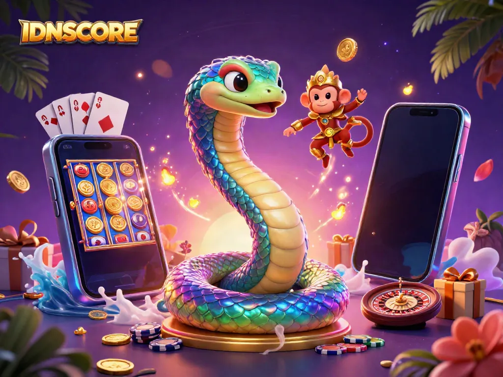 Immerse yourself in IDNSCORE's vibrant gaming world featuring a rainbow serpent, monkey king, and slot game excitement.