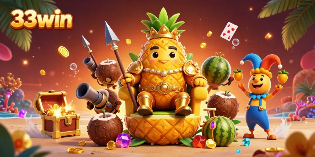 Experience the excitement of 33win with a vibrant scene featuring the golden pineapple king and engaging casino elements in a tropical setting.