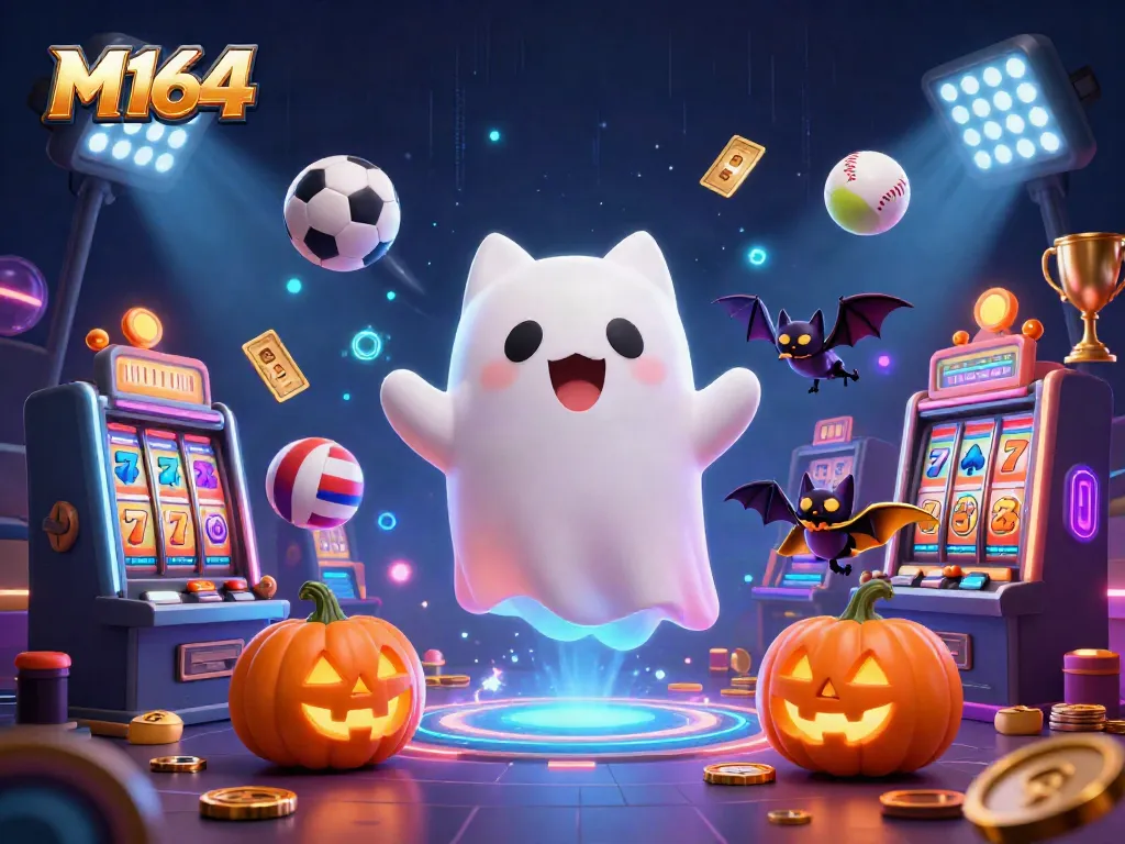 Experience M164's thrilling slot game with friendly ghost cat and vampire bat amid glowing pumpkin jackpots.