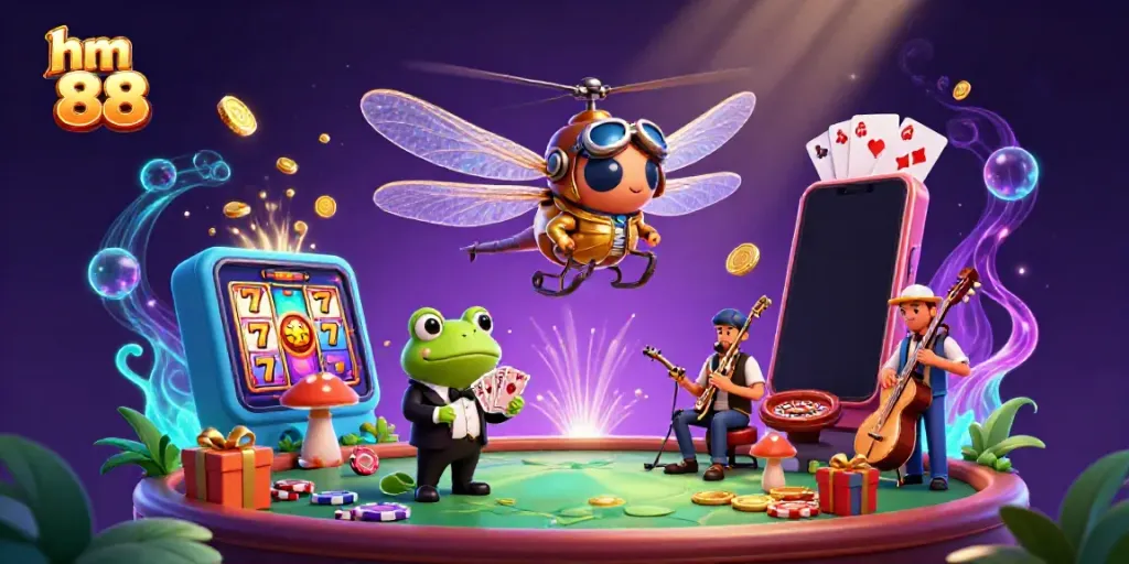 Play cards and win big at hm 88 with a vibrant 3D casino scene featuring animated characters and games.