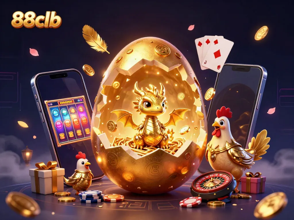 Engage with thrilling gaming action at 88clb, featuring a sparkling golden dragon and poker chips.