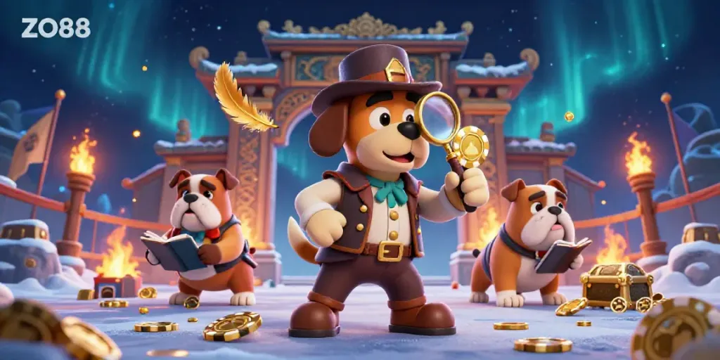 Investigate exciting ZO88 casino treasures with a detective dog duo amidst dazzling gaming elements.