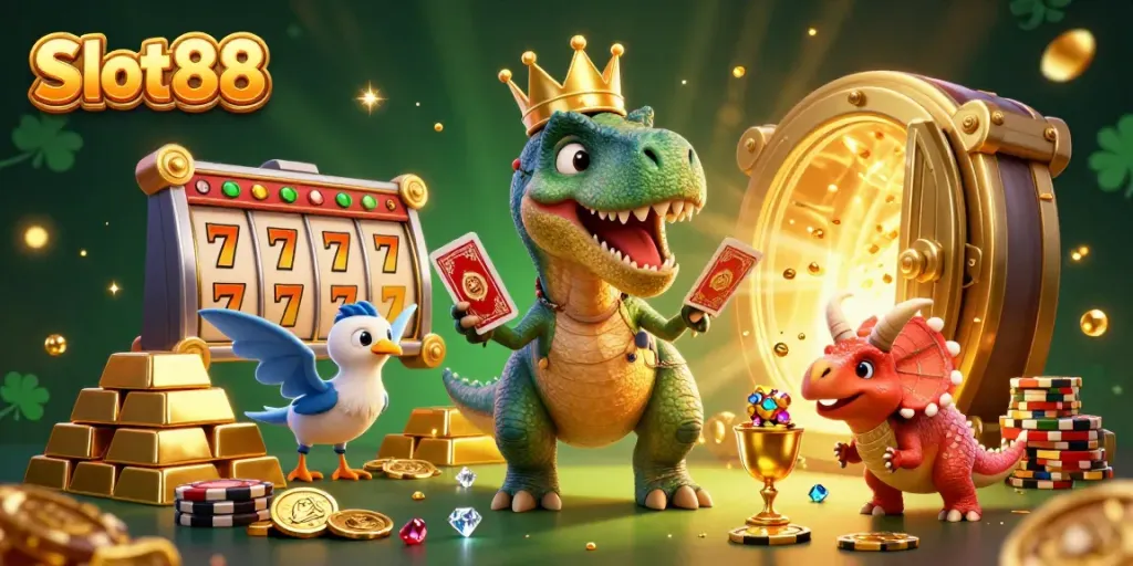 Engaging illustration of Slot88's fun characters, featuring a T-Rex and friends amid colorful casino symbols.