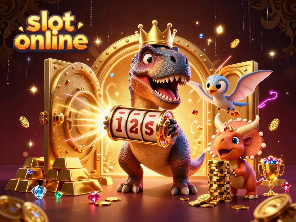 Experience dynamic slot online action with fun cartoon dinosaurs celebrating wins and treasures in a lively casino.