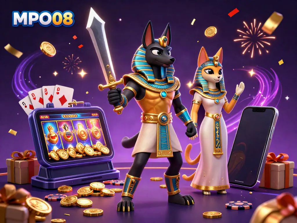 Experience thrilling gameplay in MPO08 with a vibrant 3D representation of ancient royalty and casino excitement.