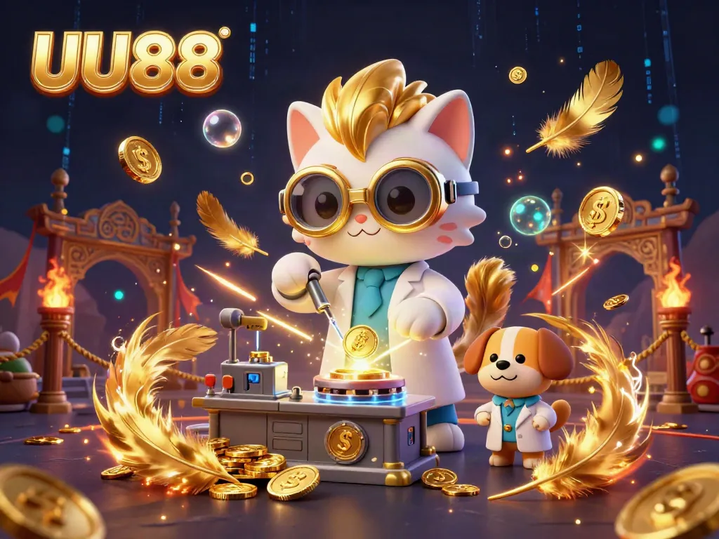 Experience thrilling wins at UU88 with a playful scientist cat and dog duo amid gold coins and casino elements.