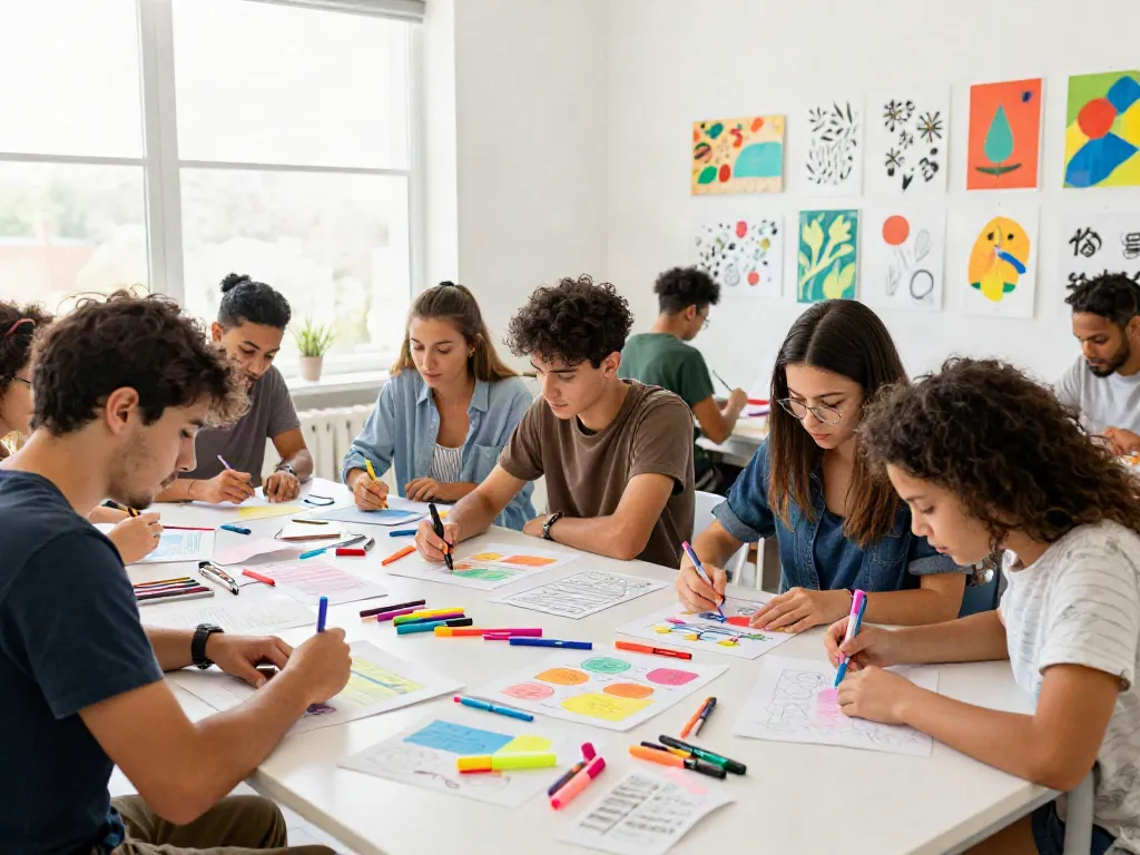 Highlighter manufacturer workspace with students using colorful highlighters in an art project.