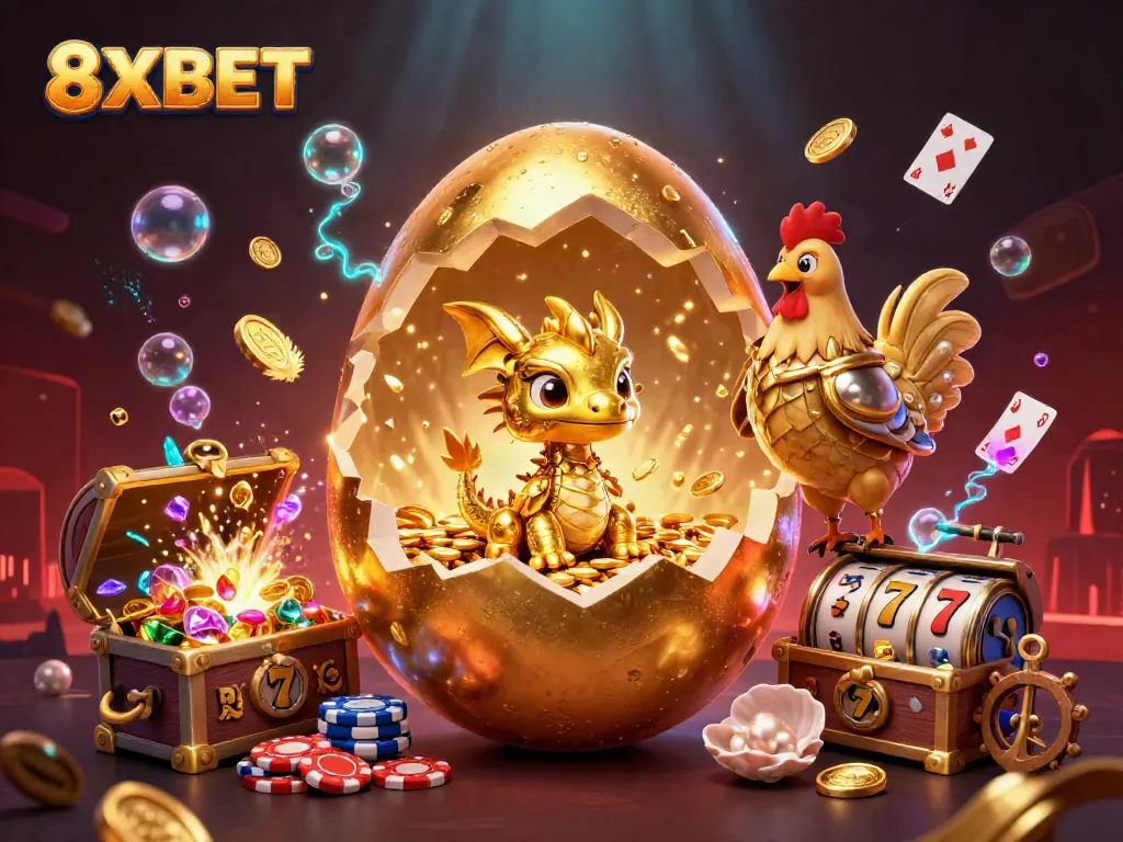 Experience 8XBET's vibrant casino atmosphere with a golden dragon and dynamic slot elements.