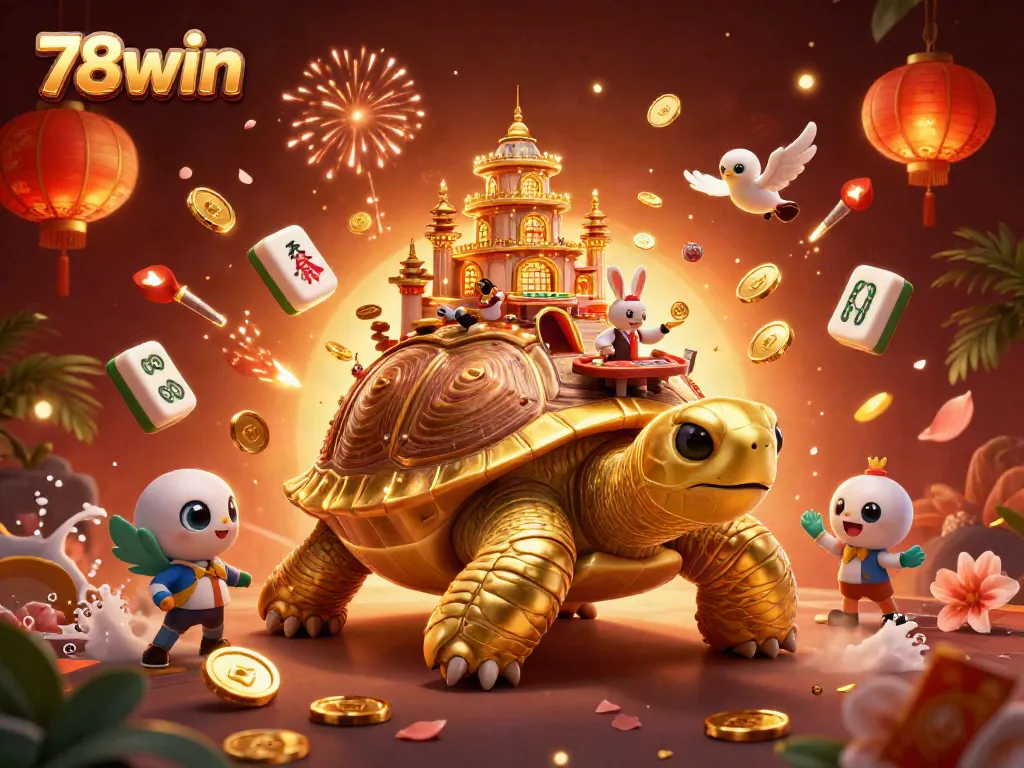 Experience the vibrant atmosphere of 78win with a golden tortoise casino, dynamic dealer, and floating game symbols.