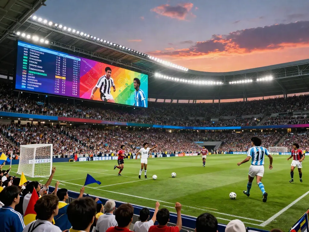 TOP10ตำนานนักเตะ scene capturing legendary football moments with iconic players in action, dynamic stadium atmosphere.