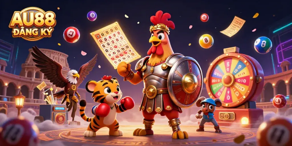 Engage with AU88 ĐĂNG KÝ in this dynamic 3D illustration showcasing playful gambling elements and characters.
